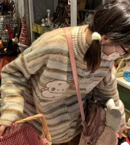 Y2k Aesthetic Japanese Knit Cardigan Kawaii Dog Embroidery Harajuku  Femme Striped Preppy Autumn Zipper y Womens