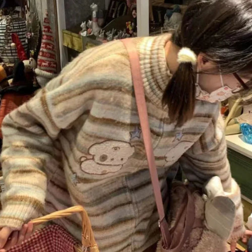 Load image into Gallery viewer, Y2k Aesthetic Japanese Knit Cardigan Kawaii Dog Embroidery Harajuku  Femme Striped Preppy Autumn Zipper y Womens
