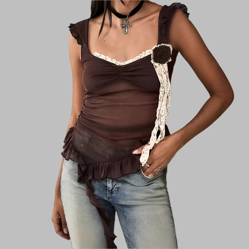 Brown Mesh Sheer Asymmetrical Tank Top Floral-applique Ruffled Lace Trim Coquette Y2k Tops 2000s Aesthetic P33-CB10