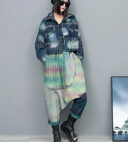 Big Size Denim Jacket Wide Leg Pants Two Piece Suit New Lapel Long Sleeve Women Fashion Tide Spring Autumn 2025 1DH6431