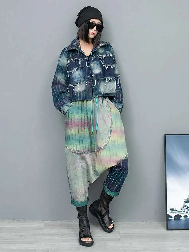 Big Size Denim Jacket Wide Leg Pants Two Piece Suit New Lapel Long Sleeve Women Fashion Tide Spring Autumn 2025 1DH6431