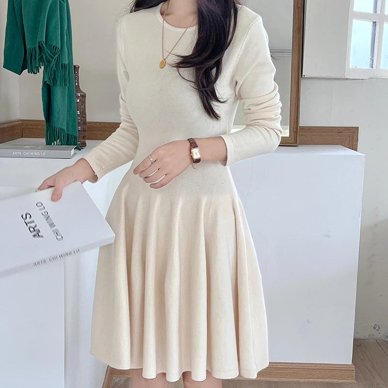 Women Long Sleeve Knit Mini Dress Slim Elegant Korean Style Streetwear 2023 Autumn Winter Club Evening Party Dress