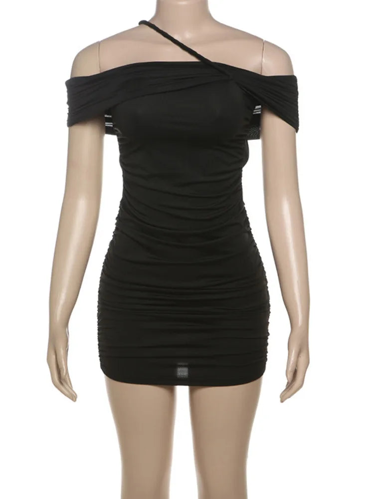 Sexy Sleeveless One Shoulder Tight Skirt Women Folding Hip Hugging Dress Temperament Party Nightclub Beachwear 2025 New