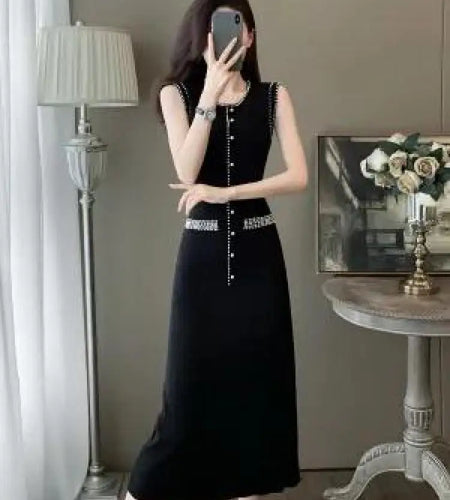 Korean Women's Black Knit Round Neck Sleeveless Office Lady Dress Summer Retro Fashion Beige Pearl Temperament Long Dress Trendy