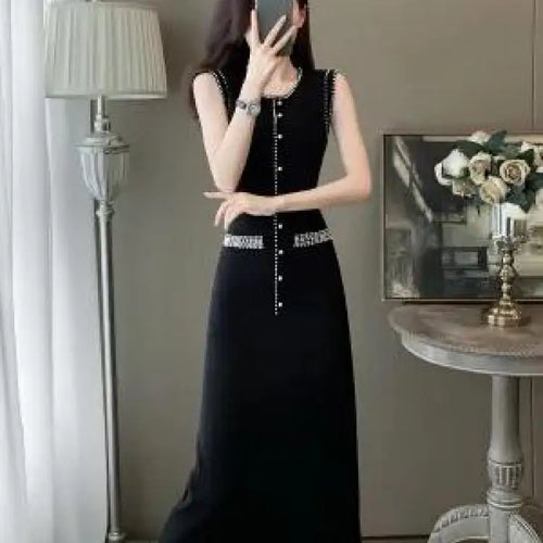 Load image into Gallery viewer, Korean Women's Black Knit Round Neck Sleeveless Office Lady Dress Summer Retro Fashion Beige Pearl Temperament Long Dress Trendy
