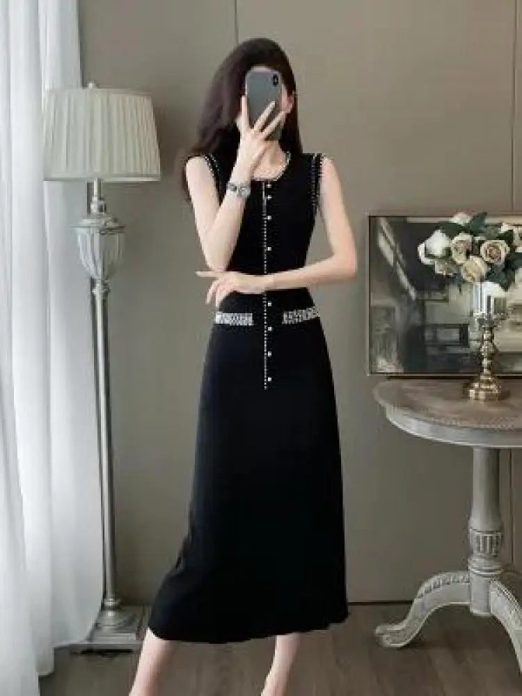 Korean Women's Black Knit Round Neck Sleeveless Office Lady Dress Summer Retro Fashion Beige Pearl Temperament Long Dress Trendy