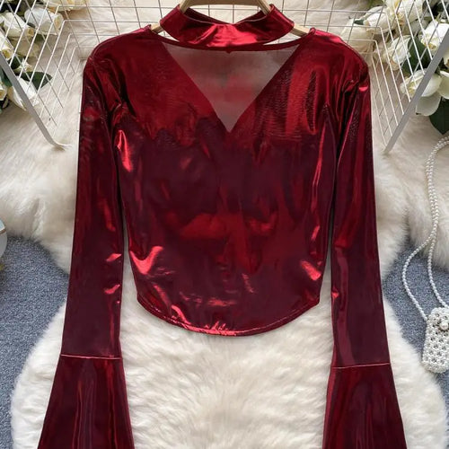 Load image into Gallery viewer, Vintage Solid Sexy Slim High Quality T Shirt Women Elegant Short Tops Spring Autumn Club Party Flared Long Sleeve Tee Shirt Chic
