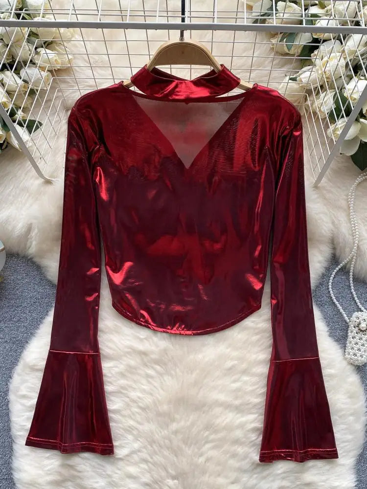 Vintage Solid Sexy Slim High Quality T Shirt Women Elegant Short Tops Spring Autumn Club Party Flared Long Sleeve Tee Shirt Chic