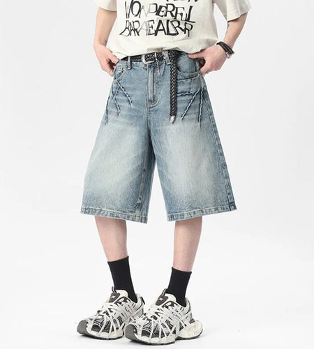 Men's Denim Shorts Summer Solid Color Design American Style Stitching Flower Tying Trendy Bottoms Personality 9W1541