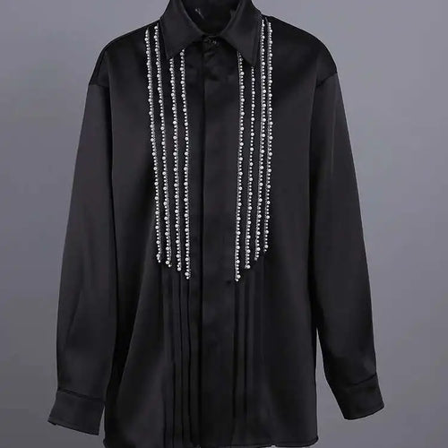 Load image into Gallery viewer, Women Black Pearl Nailed Big Size Elegant Blouse New Lapel Long Sleeve Shirt Fashion Tide Spring Autumn 2025 CPG2792
