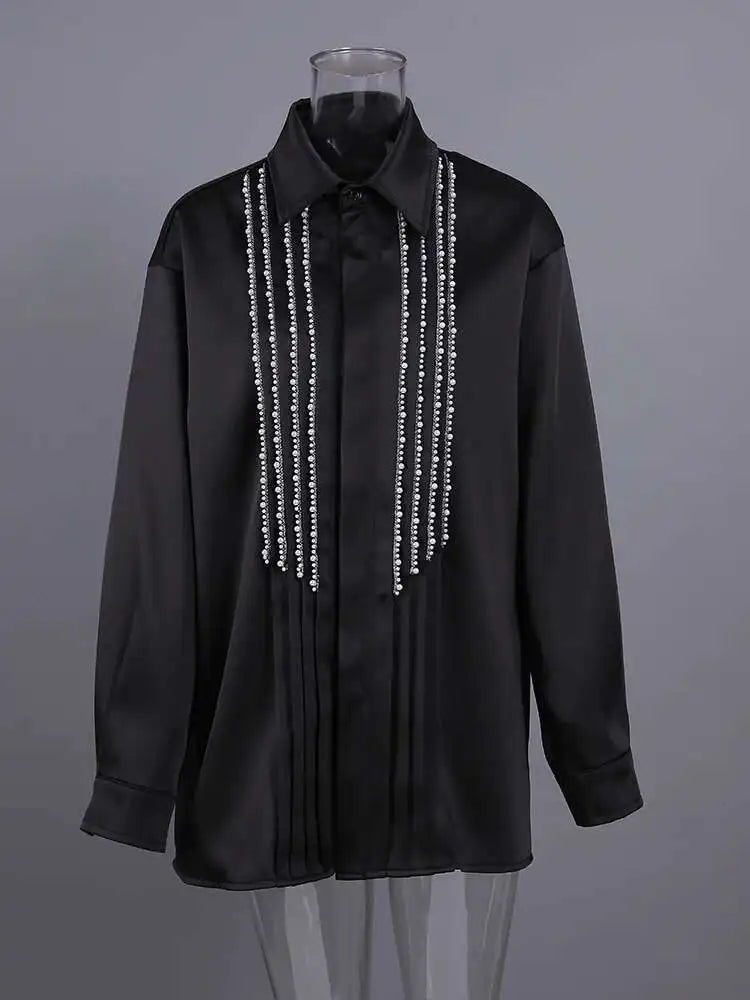 Women Black Pearl Nailed Big Size Elegant Blouse New Lapel Long Sleeve Shirt Fashion Tide Spring Autumn 2025 CPG2792