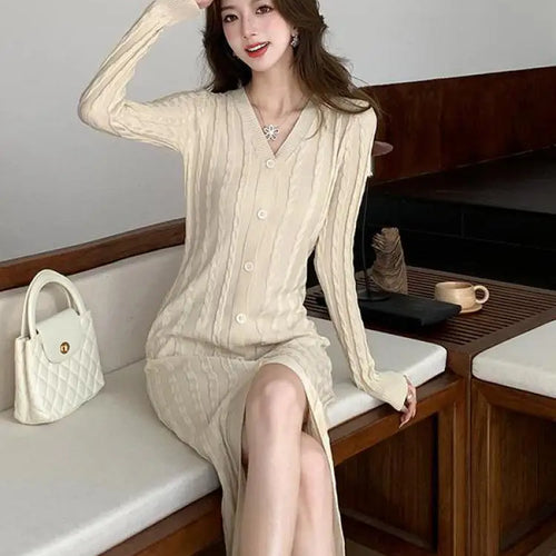 Load image into Gallery viewer, Autumn Winter French Black Long Sleeves Festival Knitted Dress Women's Elegant V Neck Single Breasted Wrap Hip Split Dress Trend
