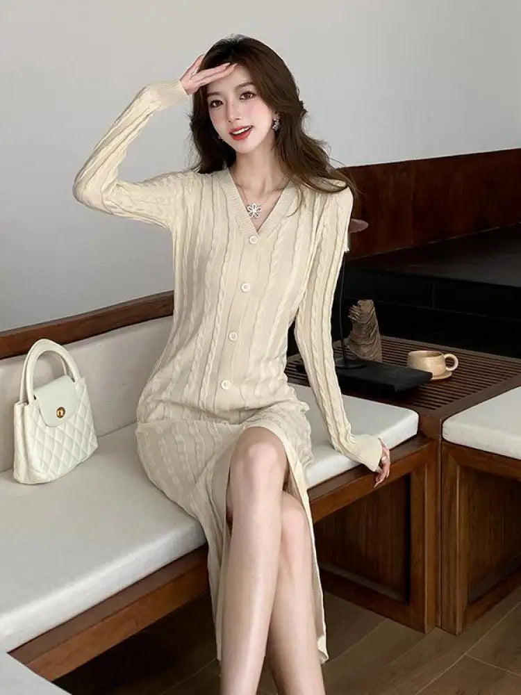 Autumn Winter French Black Long Sleeves Festival Knitted Dress Women's Elegant V Neck Single Breasted Wrap Hip Split Dress Trend