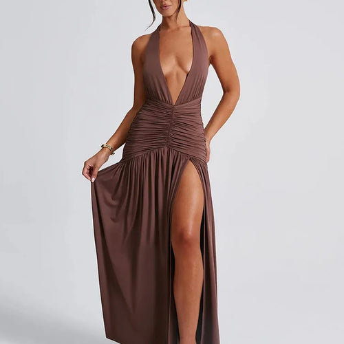 Load image into Gallery viewer, Sexy Hanging Collar Deep V-pleated Split Long Skirt For Women's Elegant Backless Bodycon Evening Dress Summer Partywear
