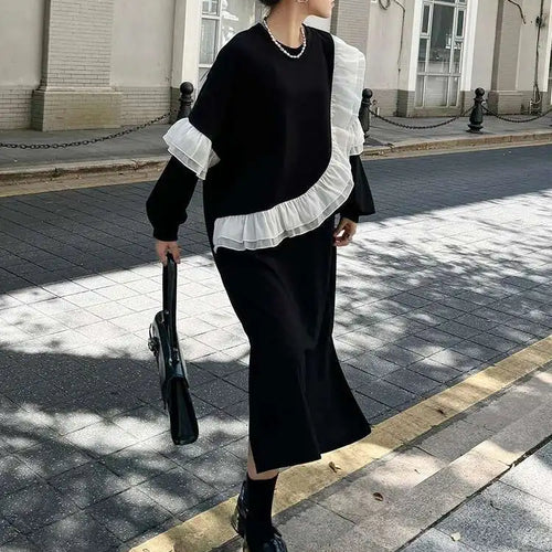 Load image into Gallery viewer, Women Black Ruffles Spliced Big Size Long Casual Dress New Round Neck Long Sleeve Fashion Tide Spring Autumn 2025 1DH7701
