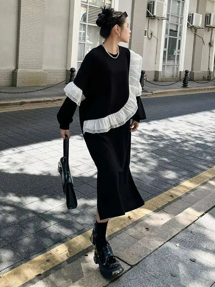 Women Black Ruffles Spliced Big Size Long Casual Dress New Round Neck Long Sleeve Fashion Tide Spring Autumn 2025 1DH7701