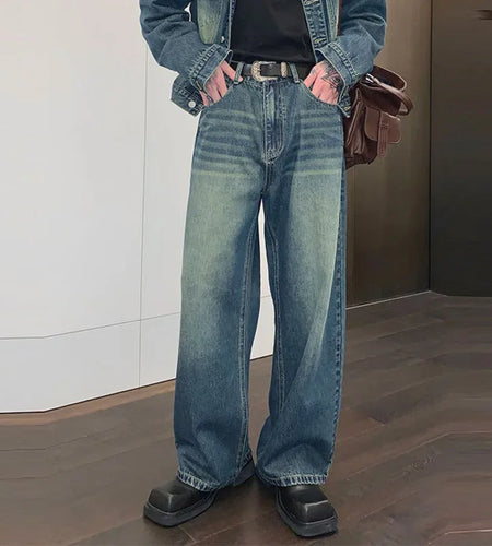 Men's Jeans New Korean Style Solid Color Straight Leg Denim Pants Loose High Street Summer Male Trousers Trendy 9W1420
