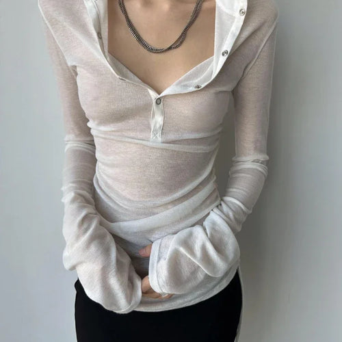 Load image into Gallery viewer, Solid See Through Sexy Hooded Tops Vintage Bottoming Harajuku T-shirt Women Y2k Aesthetic Single Breasted Grunge Tees Streetwear
