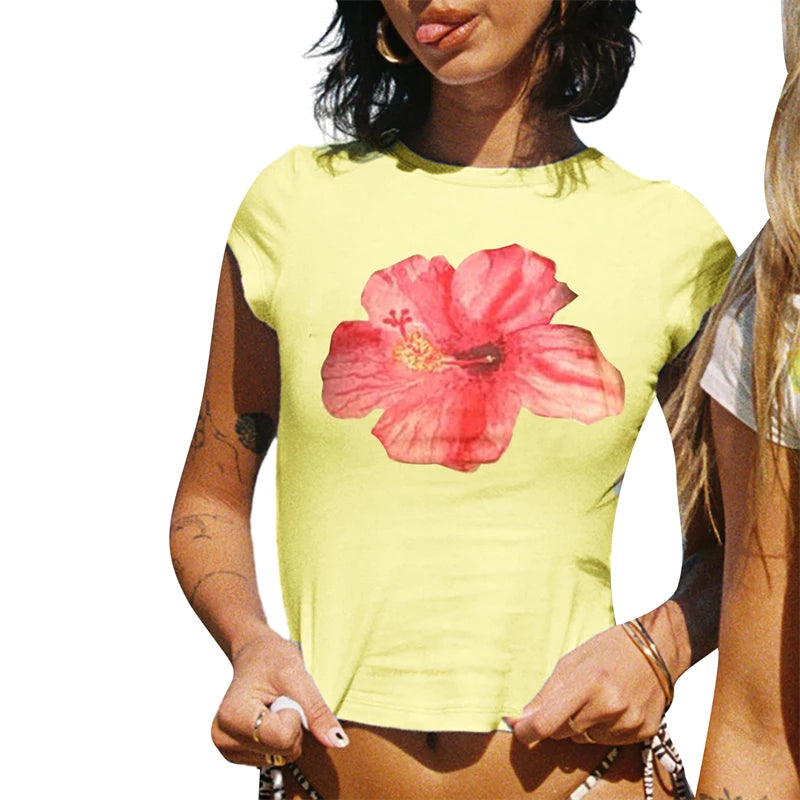 y2k Baby Tee Women Crop Top Graphic Floral Print Slim Fit Round Neck Short Sleeve T Shirt 2000s Clothing Streetwear
