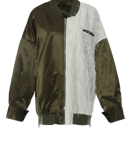 Loose Fit Green Color-block Big Size Jacket New Stand Collar Long Sleeve Women Coat Fashion Spring Autumn 2025 1DE6987