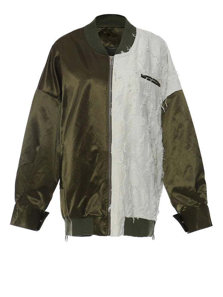 Loose Fit Green Color-block Big Size Jacket New Stand Collar Long Sleeve Women Coat Fashion Spring Autumn 2025 1DE6987