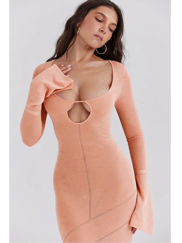 Elegant Sweater Knitted Long Sleeved Dress Women Hollow Sexy Tight Female Elastic Dress Slim Party HolidayEvening Dress