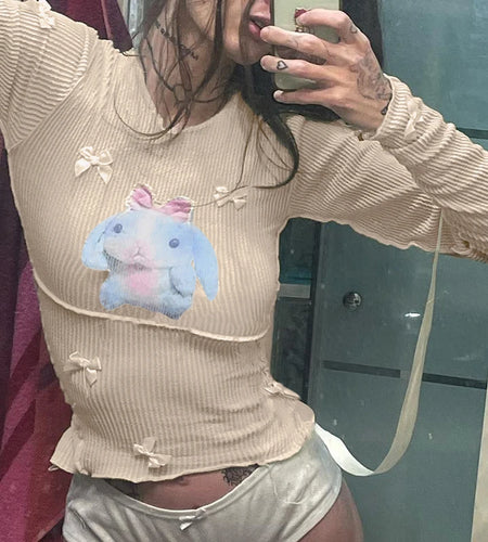 Sweet Cute Printed Stitched Long Sleeve T shirt Women Bow Coquette Clothes Y2K Autumn Tee Cropped Tops Slim Aesthetic