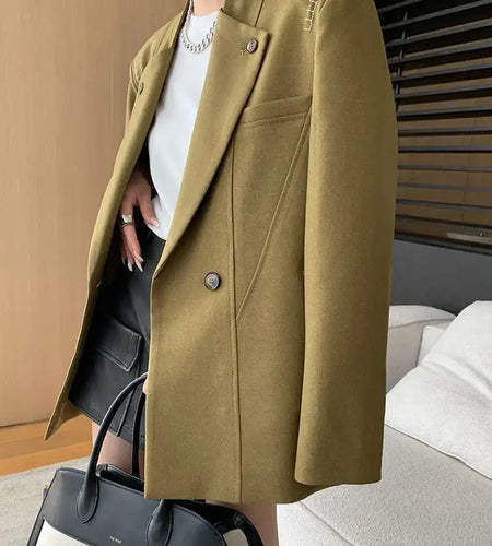 Women Khaki Topstitched Big Size Elegant Blazer New Lapel Long Sleeve Jacket Fashion Tide Spring Autumn 2025 1DH7053