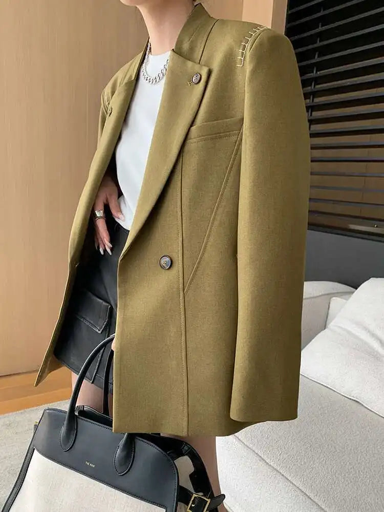 Women Khaki Topstitched Big Size Elegant Blazer New Lapel Long Sleeve Jacket Fashion Tide Spring Autumn 2025 1DH7053