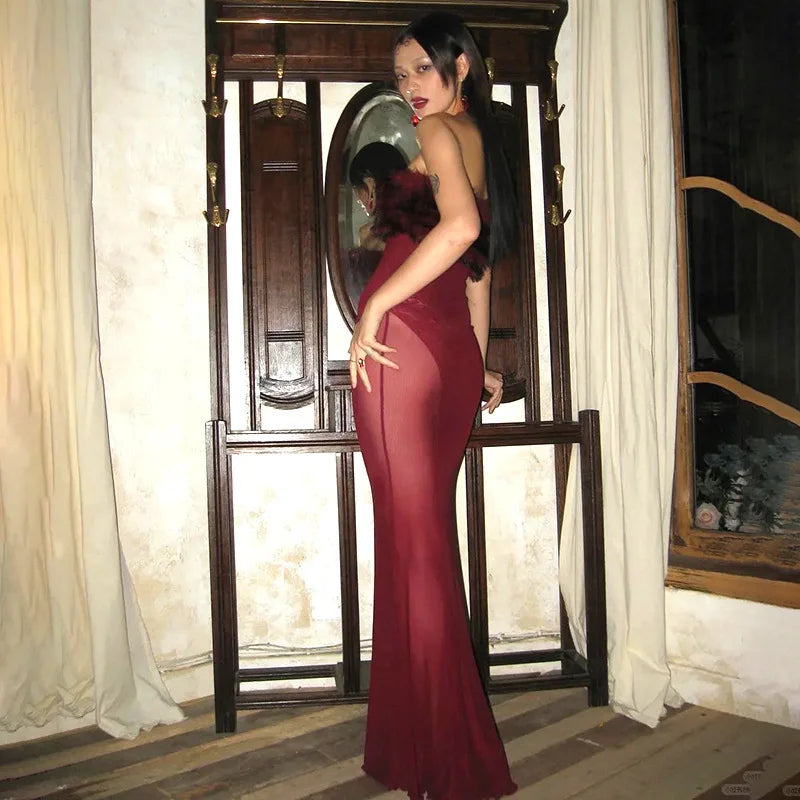 Feather Strapless Backless Sexy Maxi Dress For Women Wine Red Mesh Patchwork Sleeveless Backless Bodycon Club Dress