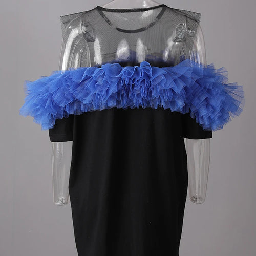 Load image into Gallery viewer, Women Black Mesh Perspective Ruffles Big Size Long T-shirt New Round Neck Short Sleeve Fashion Spring Summer 2025 CPG3036
