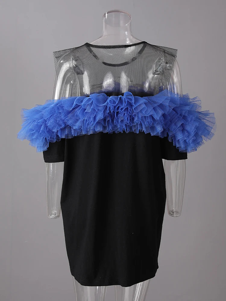 Women Black Mesh Perspective Ruffles Big Size Long T-shirt New Round Neck Short Sleeve Fashion Spring Summer 2025 CPG3036