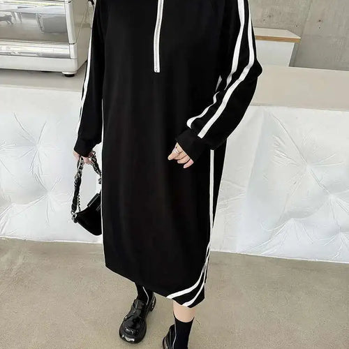 Load image into Gallery viewer, Women Black Striped Spliced Zipper Big Size Midi Dress New Turtleneck Long Sleeve Fashion Tide Spring Autumn 2025 1DH6819
