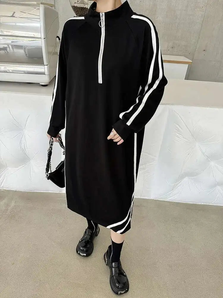 Women Black Striped Spliced Zipper Big Size Midi Dress New Turtleneck Long Sleeve Fashion Tide Spring Autumn 2025 1DH6819