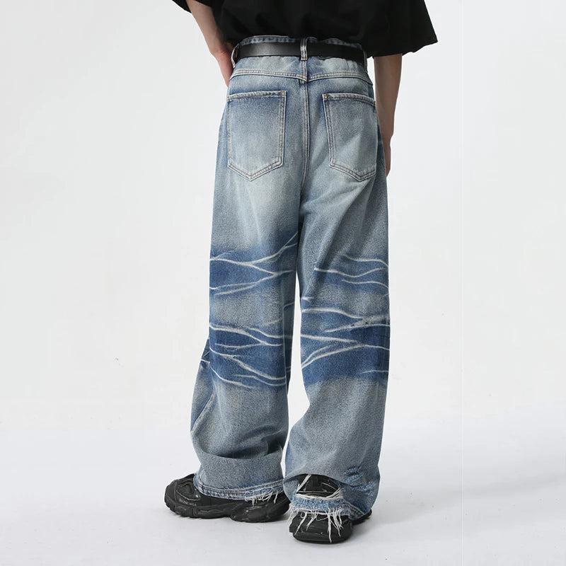 High Street Men's Denim Pants Stylish Casual Male New Trend Washed Crease Trousers Summer Loose Wide Leg Jeans 9C6095