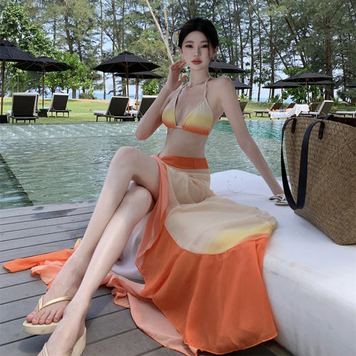 Load image into Gallery viewer, Swimsuit Women Summer Orange Gradient Halter Lace-up Bikini And Bandage Split Long Skirt Three Piece Set Sexy Beach Vacation New
