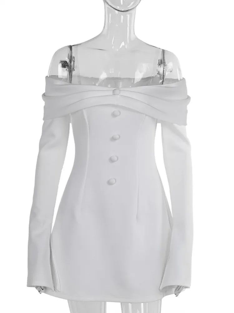 Fashion Long Sleeve Button Bodycon Women Dress 2024 Autumn New Skirt Sexy Slim One Shoulder Party Club Evening Dress