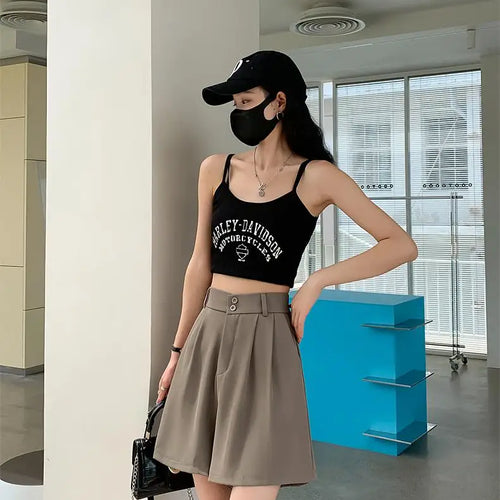 Load image into Gallery viewer, Summer Fashion Black Gray Casual Loose Wide Leg A-line Shorts Women Brown High Waist Elegant Lady Pleated Short Pants
