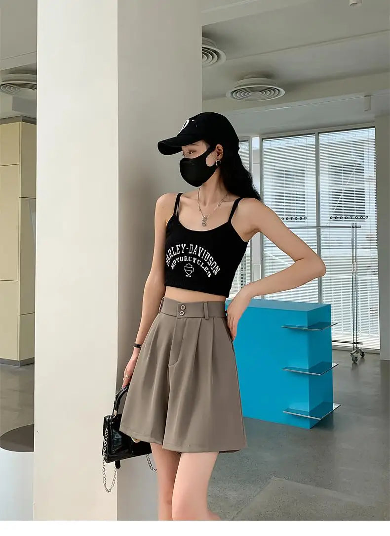 Summer Fashion Black Gray Casual Loose Wide Leg A-line Shorts Women Brown High Waist Elegant Lady Pleated Short Pants