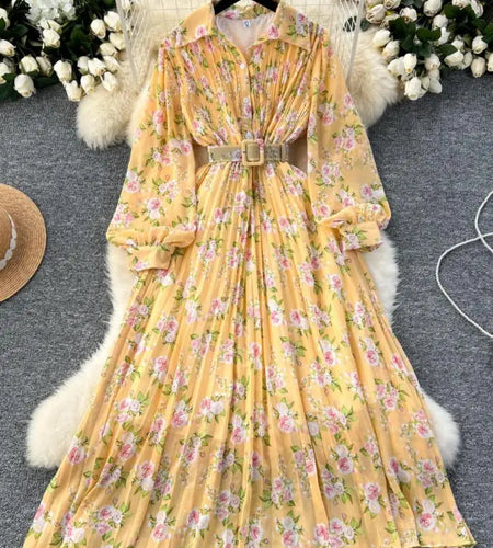 French Retro Romantic Women's Flower Lantern Long Sleeved Pleated Shirt Dress Autumn Print Birthday Party Evening Dress Bohemian