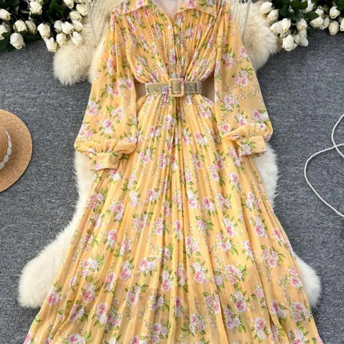 Load image into Gallery viewer, French Retro Romantic Women's Flower Lantern Long Sleeved Pleated Shirt Dress Autumn Print Birthday Party Evening Dress Bohemian
