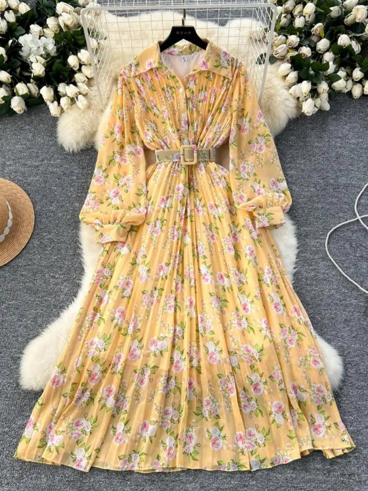 French Retro Romantic Women's Flower Lantern Long Sleeved Pleated Shirt Dress Autumn Print Birthday Party Evening Dress Bohemian