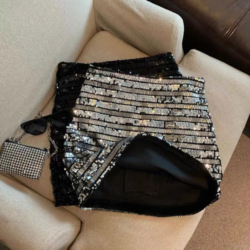 Load image into Gallery viewer, Women Black High Waist Shiny Mini Skirt White Sequins A-line Slim Skirts Y2k Silver Evening Party Skirt Sexy Club Spring Summer
