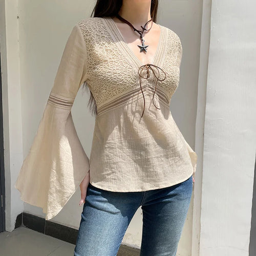 Load image into Gallery viewer, Chic V Neck Fishnet Spliced Flare Sleeve Women Shirts Lace Up Fashion Fairycore Autumn Blouse Boho Pullover Vacation
