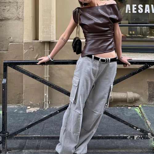 Load image into Gallery viewer, Faux Leather t-Shirt Women One Shoulder Irregular Hem Folds High Street Fashion Hottie Daily Simple Music Festival Tops
