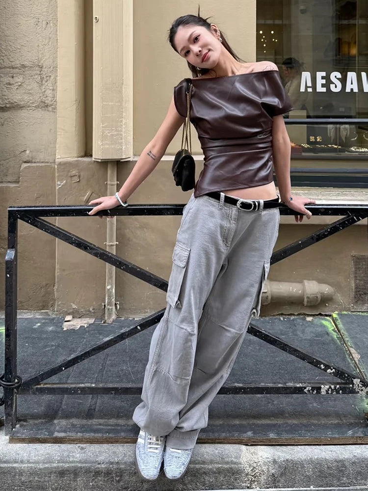 Faux Leather t-Shirt Women One Shoulder Irregular Hem Folds High Street Fashion Hottie Daily Simple Music Festival Tops
