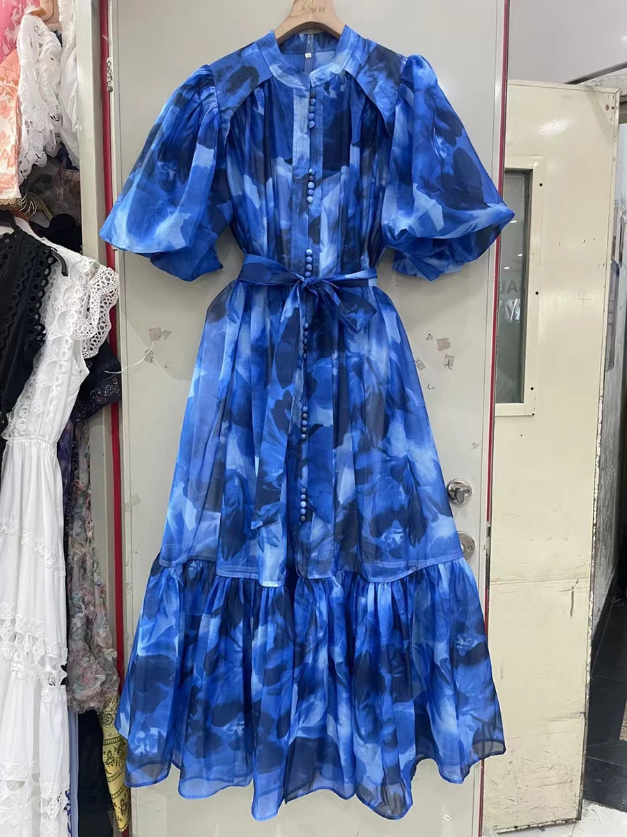 Hit Color Spliced Lace Up Loose Dresses For Womne O Neck Half Sleeve High Waist Long Dress Female Fashion Style New