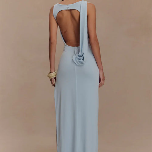 Load image into Gallery viewer, Backless Ruched Sexy Maxi Tank Dress Women Gown Summer New O Neck Thigh High Split Bodycon Elegant Long Dress Fashion
