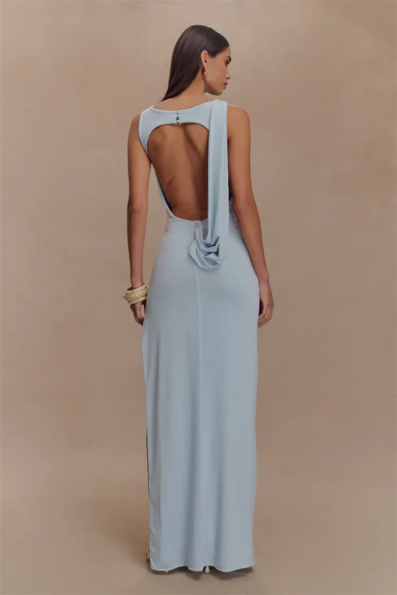 Backless Ruched Sexy Maxi Tank Dress Women Gown Summer New O Neck Thigh High Split Bodycon Elegant Long Dress Fashion