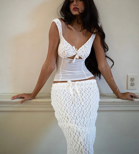 Sexy Lace Patchwork Two Piece Set Women Tank Top Slim Top Transparent Fit Long Skirt Set Elegant Party Club Autumn 2023